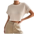 thumbnail image 2 of RRMuAzgs Women's Crew Neck Knit Tops Solid Color Short Sleeve Cropped Top Summer Beach Travel Casual Loose Fit Tee Shirts, 2 of 9