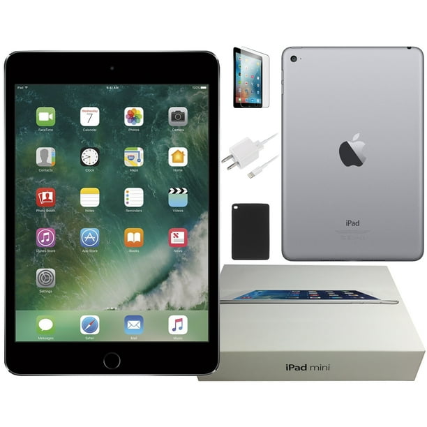 Apple iPad Mini 4 7.9-inch, 128GB, Space Gray, Wi-Fi +4G Unlocked, Bundle:  Case, Pre-Installed Tempered Glass, Charger (Scratch & Dent)