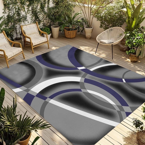 Blue Geometric Outdoor Rug 5x7 Ft - Reversible Patio Rug Outdoor Camping Rugs, Grey Vintage Neutral Abstract Striped Art Indoor Outdoor Area Rugs, Non-Slip Outdoor Carpet Runner for Deck/Porch