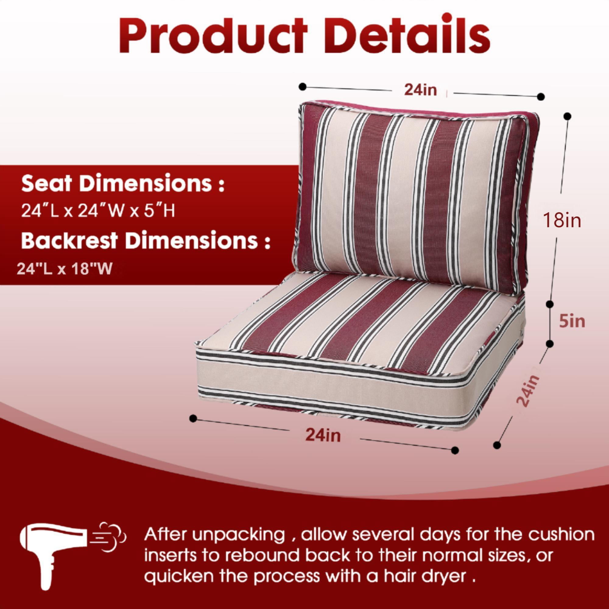 Outdoor Deep Seating Cushion Set, 24" x 24", Waterproof & Fade Resistant Patio Furniture Cushions with Handle, Deep Seat and Back Cushion for Chair and Sofa (2, Red Stripe)
