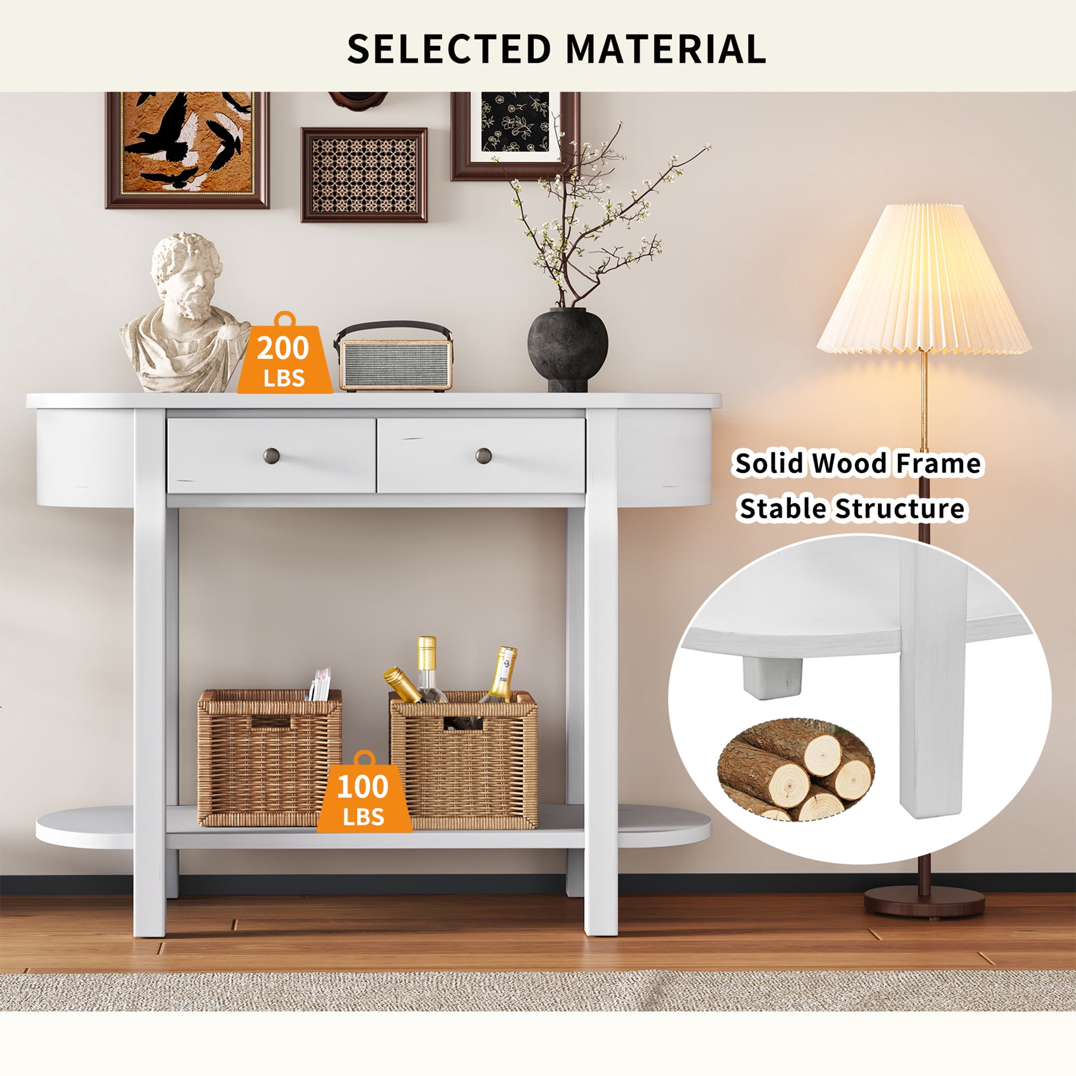 Aukfa Retro Console Table with Two Drawers and Shelf for Entryway/Living Rooms/Hallway, Oval-Shaped Tabletop, White