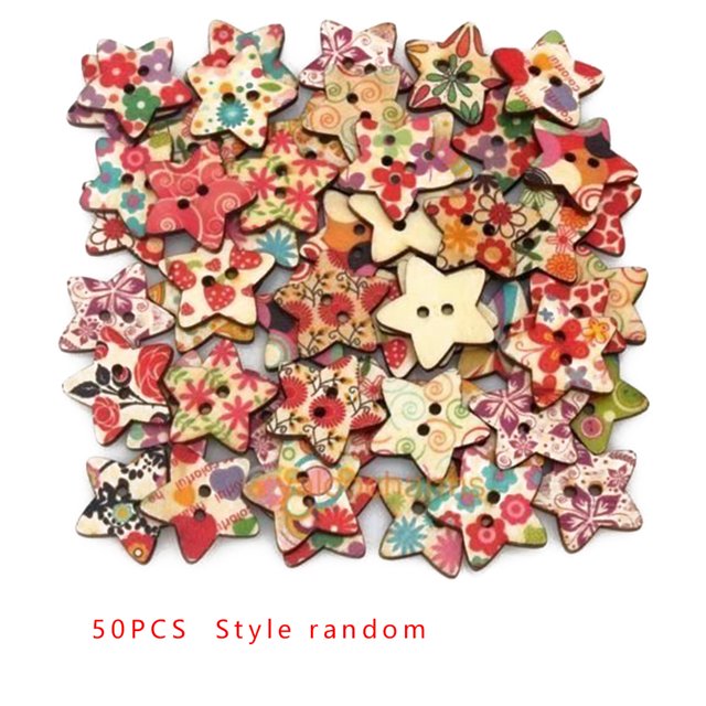 Multi colores forma de estrella aleatoria 2 agujeros botón de madera Floral hecho a mano manualidades accesorios de costura 50 piezas Advancent JJ18697-00