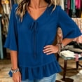 thumbnail image 6 of Tqcoqu Women's Solid Loose Flowy Casual Chiffon Blouse Top,V Neck Tie Front 3/4 Flared Bell Sleeve Ruffle Hem,Navy Women's S-XXXL, 6 of 7