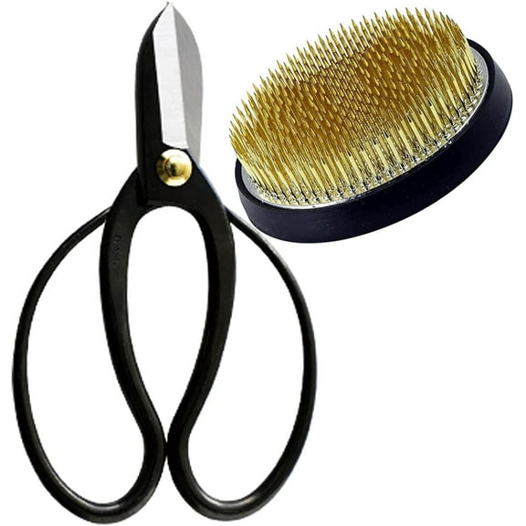 Wazakura Made in Japan Ikebana Tool Kit - Koryu Scissors + Brass Kenzan Flower Holder 3-1/4"