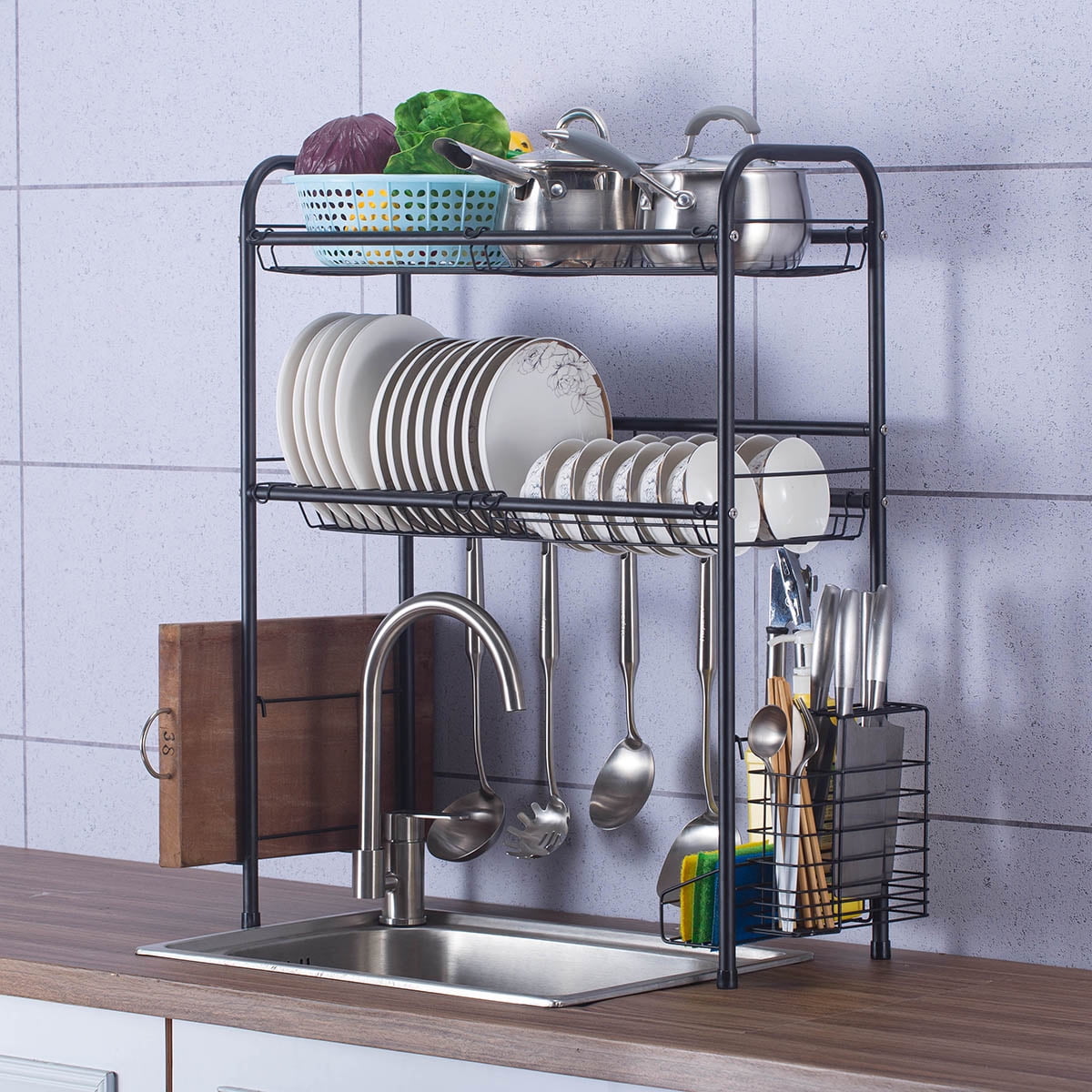 Over Sink Dish Drying Rack Drainer Stainless Steel Kitchen Cutlery Holder Shelf 