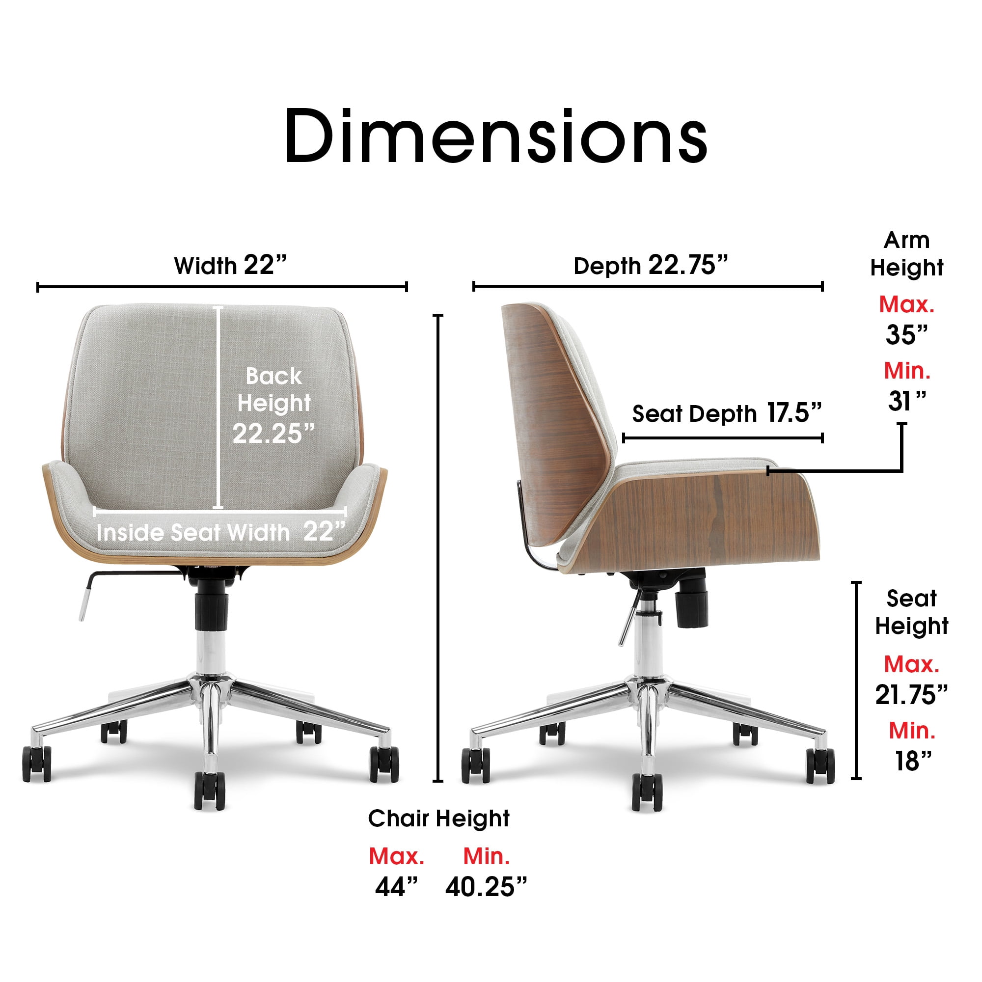 Elle Decor Ophelia Office Chair, Curved Bentwood Low-Back and Seat, Chrome Swivel Base, Woven Fabric, Gray