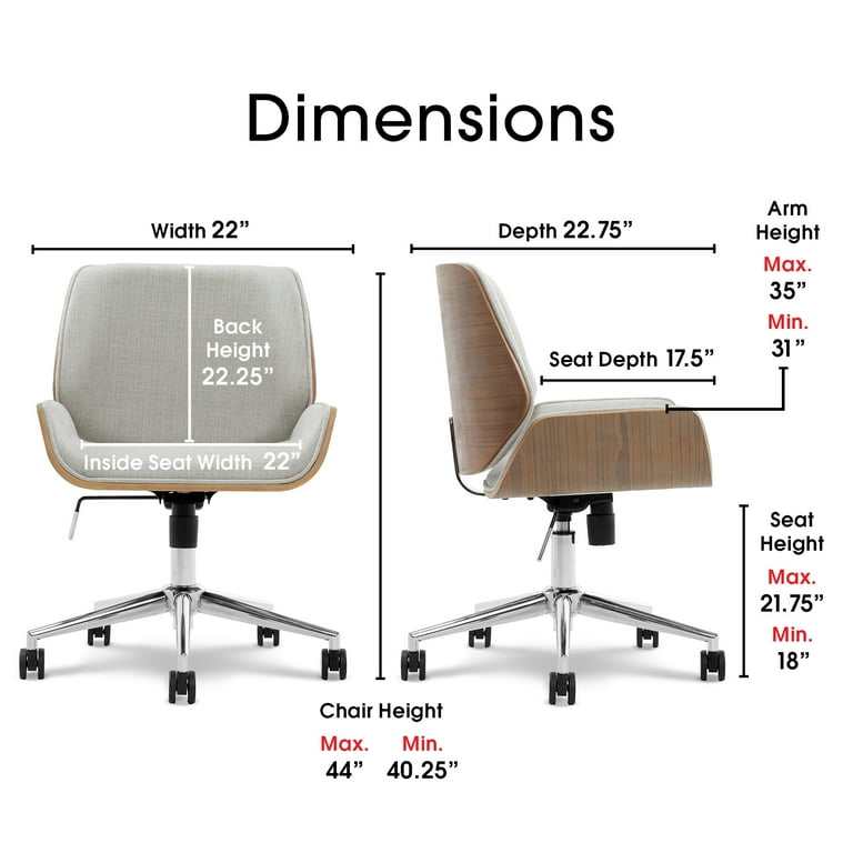 Elle Decor Ophelia Office Chair Curved Bentwood Low Back and Seat Chrome Swivel Base Woven Fabric Gray