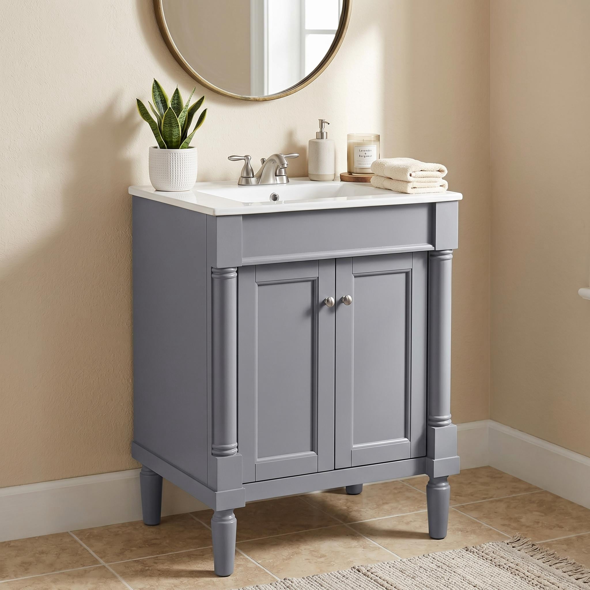 Homy Casa 24" Bathroom Vanity with Sink, Ceramic Top, 2-Door Storage Cabinet, Gray