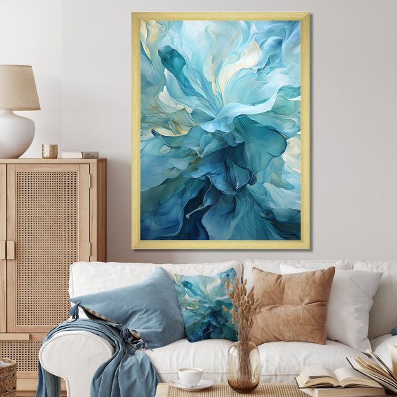 Designart "Swirling Serenity In Aqua Blue And White IV" Abstract Spirals Picture Framed Canvas Art Print