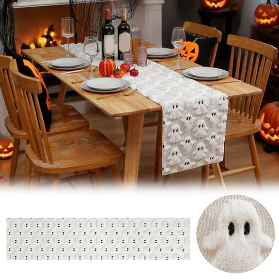 Soft Plush Ghost Fall Table Runner 3D Autumn Harvest Decor for Thanksgiving Halloween Seasonal Kitchen Dining Table Decoration Cute White Pumpkin Themed Runner for Home Party Indoor Outdoor Use