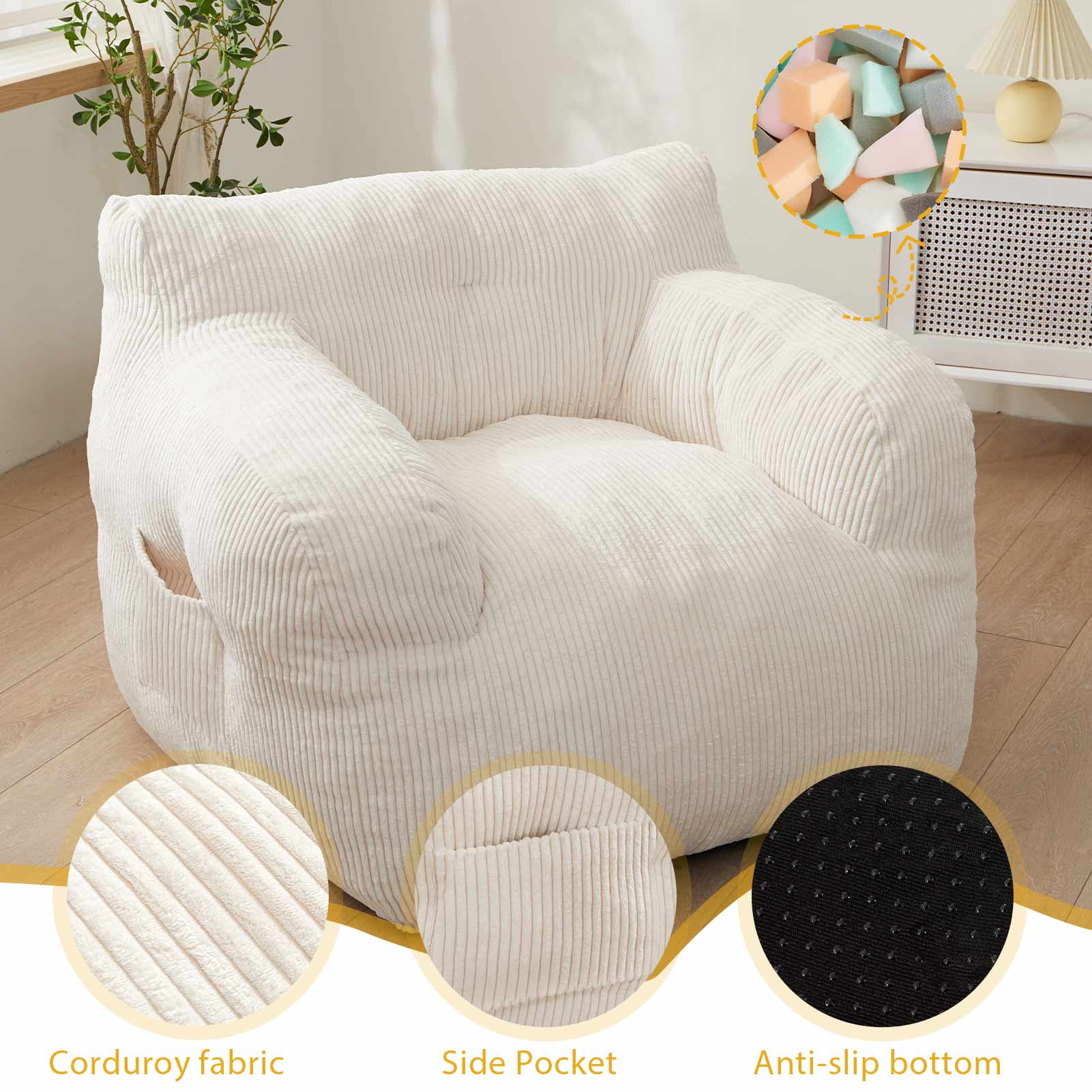 GOODONE Giant Bean Bag Chairs for Adults,Big Comfy Chair Sofa for Bedroom Living Room, Large Lazy Bean Bag Chair with Pocket Armrests for Gaming, Reading,Beige,L