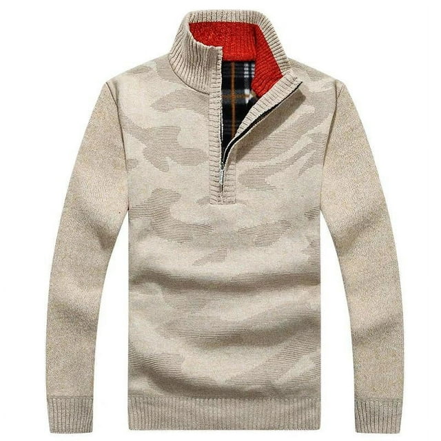 Chandails pour Hommes Coupe Ample Décontractée Manches Longues Col Rond Fermeture à Glissière 1/4 Chandails en Molleton Mode Couleur Unie Hiver Doux Chaud Tricoté Jumper Tops Beige G