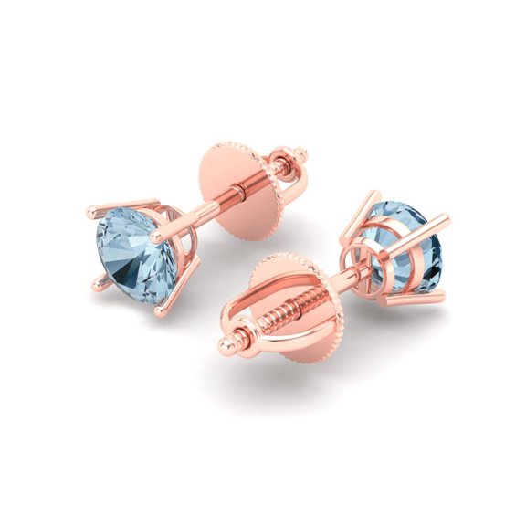 1.0 Ct Round Cut Studs Blue Crystal 18K Rose Solid Gold Everyday Dainty Earrings Push Back