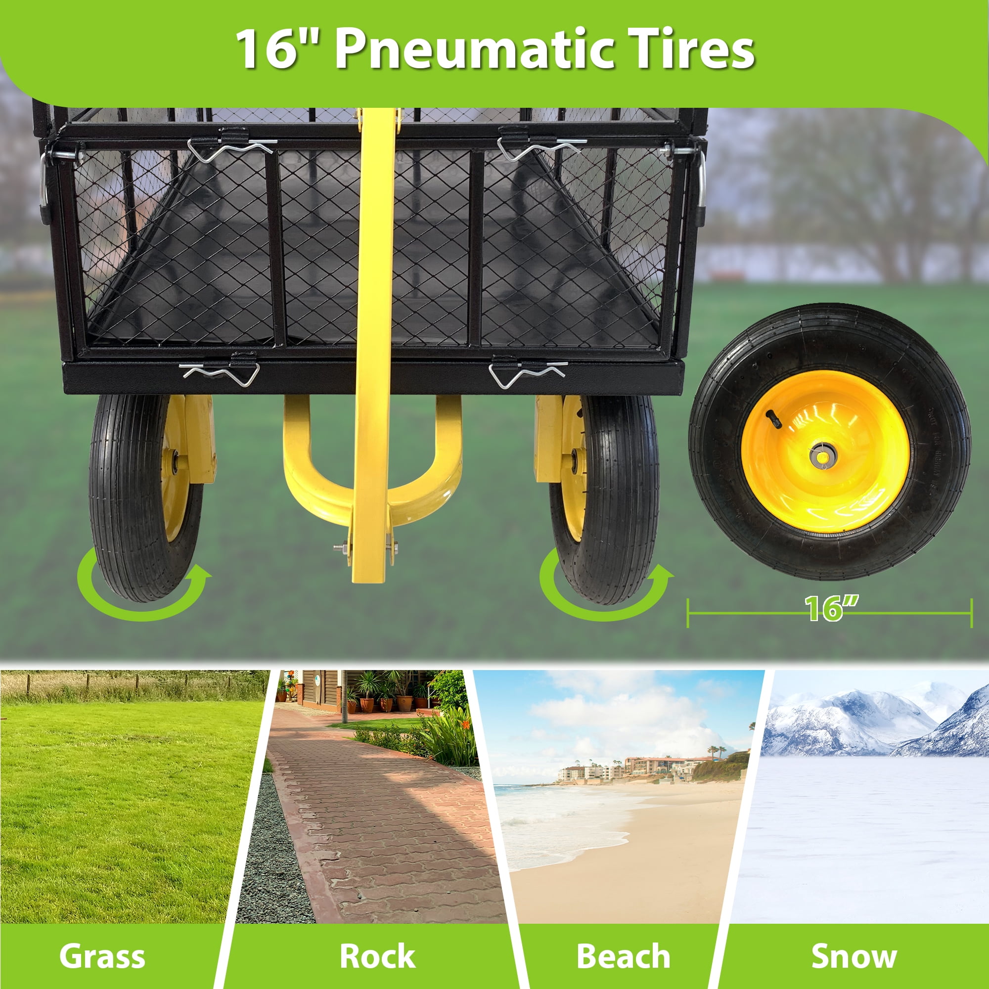 Heavy Duty Steel Garden Cart, 1400 lbs Capacity Utility Wagon, Removable Mesh Sides Convertible to Flatbed, 2-in-1 Handle & 16" Rubber Tires for Garden Farm Yard