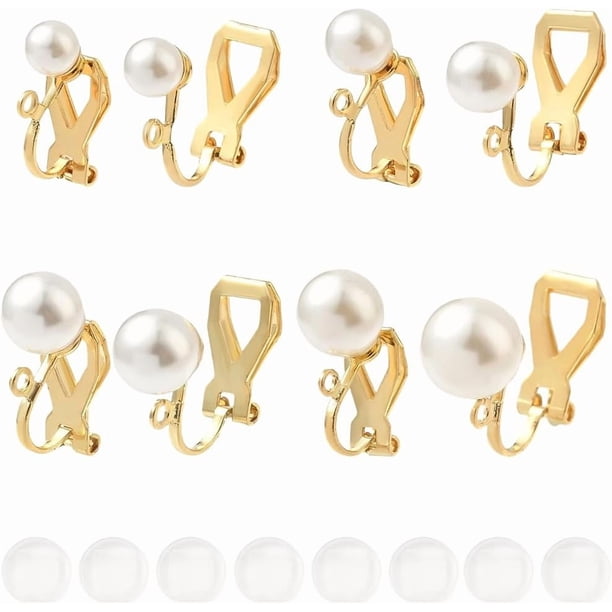1 caja de 24 convertidores de clip para aretes de 4 estilos, componentes de clip para aretes, convertidores de oreja de acero inoxidable 304 con cuentas doradas y 24 almohadillas de silicona.
