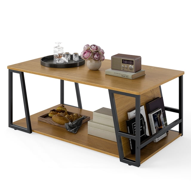 Gymax 40'' Coffee Table & 2-Tier Modern Farmhouse Center Table w/Storage Shelf Natural