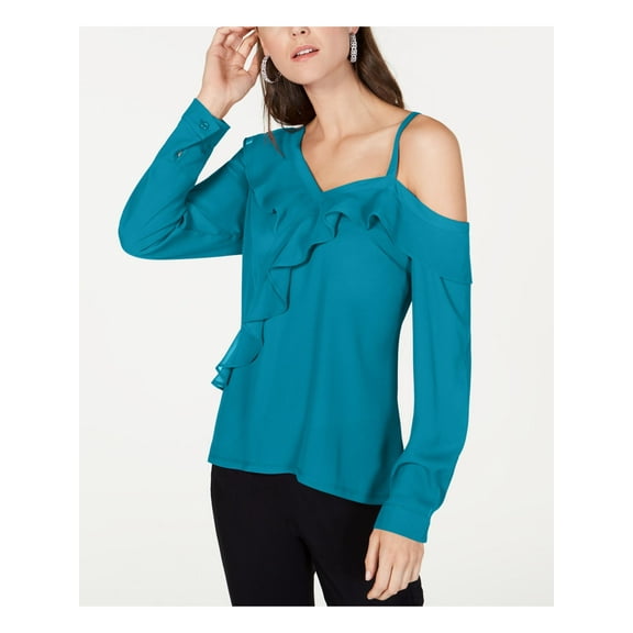 INC Womens Turquoise Cold Shoulder Long Sleeve Asymmetrical Neckline Top  Size M
