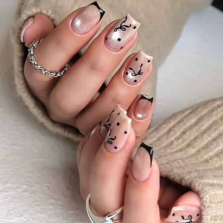 CuteHelper Sheer Pink Black French Press-On Nails - 24PCS Medium Square, Shimmer Finish with Polka Dot Line Art, Non-Toxic & Reusable