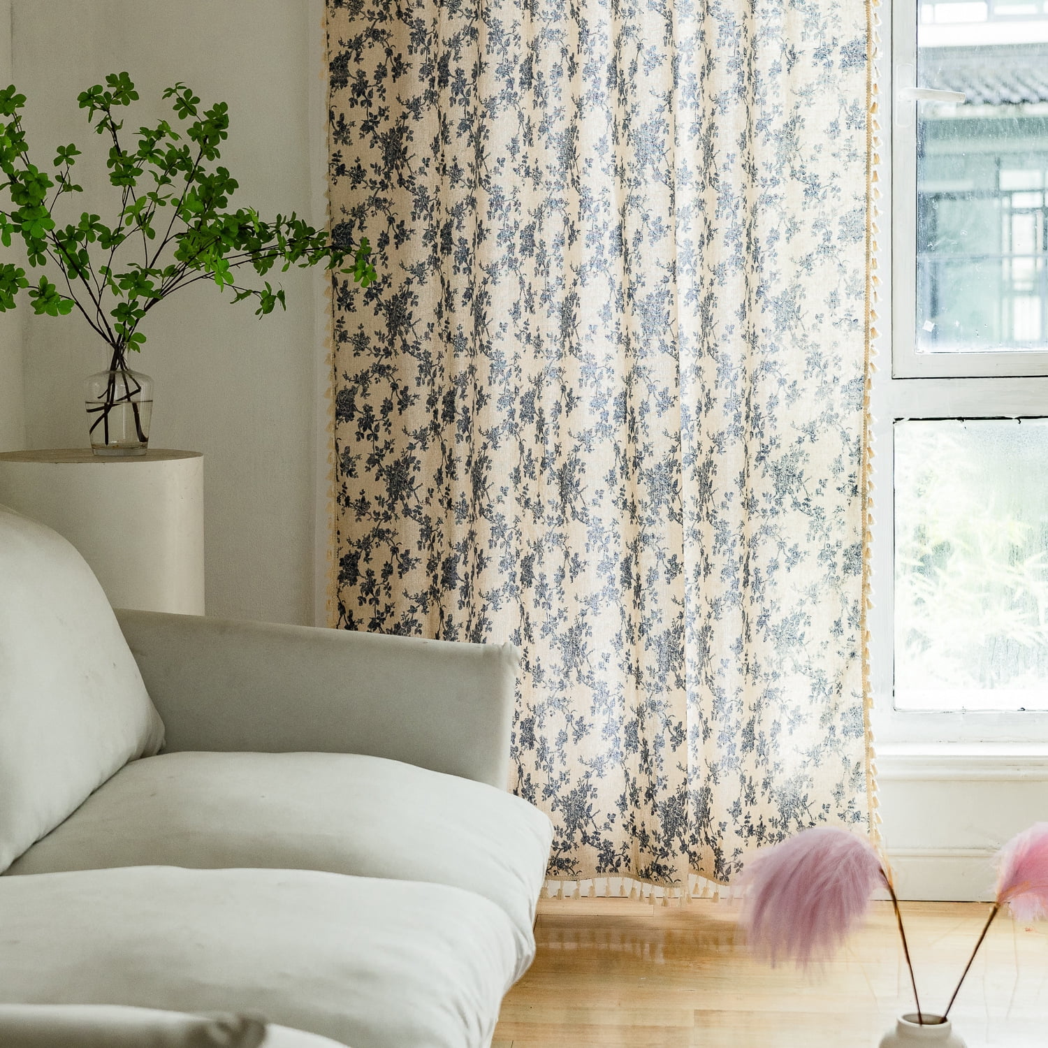 UU&T Vintage Floral Curtains for Living Room, Semi-Blackout Farmhouse Linen Curtains with Tassels Set of 2 Panels, 52" x 84"
