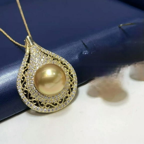K-KED Gorgeous AAA 10-11mm South Sea Round Golden Pearl Pendant Necklace 925s.