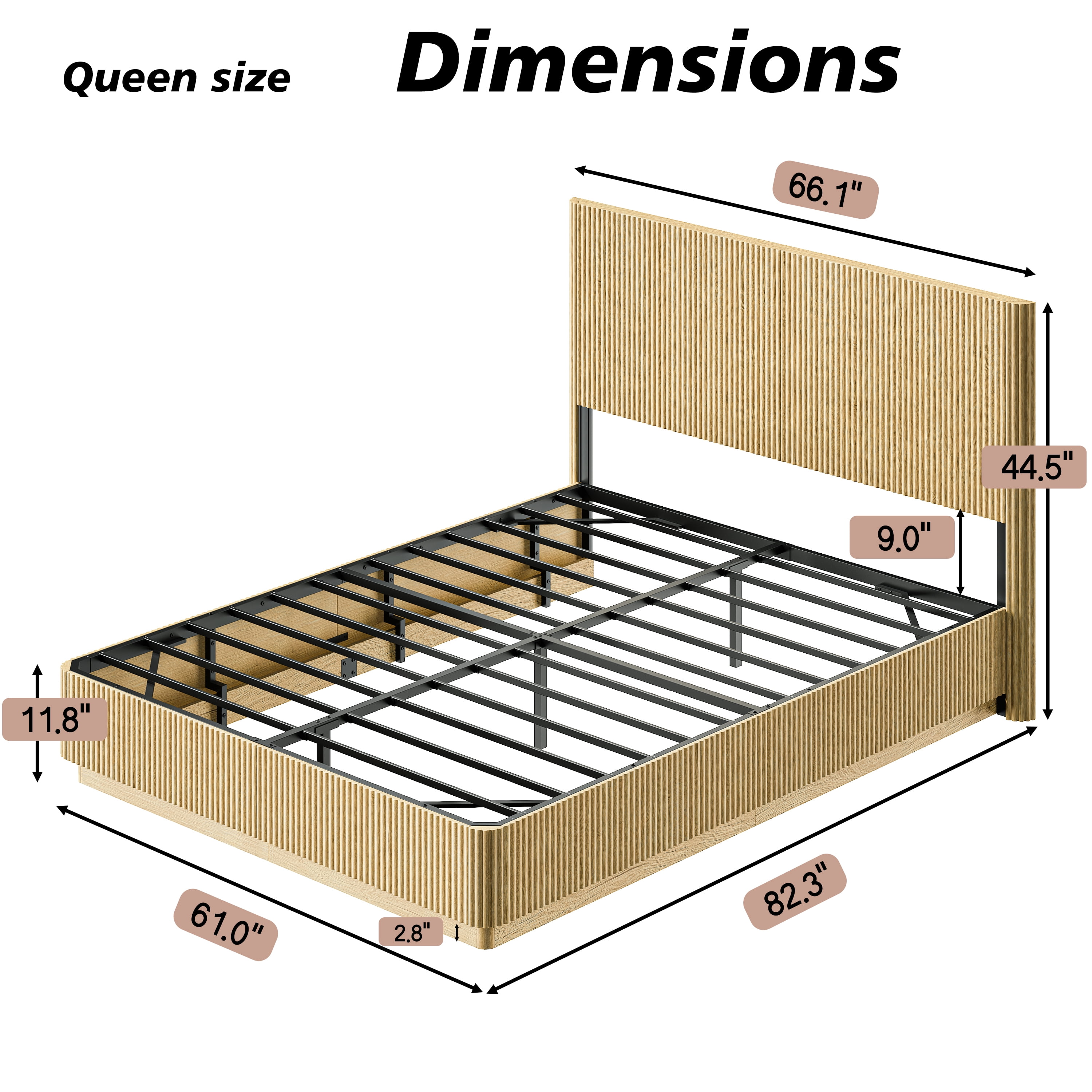 Queen Size Bed Frame with Built-In Nightlight System, Modern Wooden Corrugated Curved Lines Platform Bed, No Box Spring Needed, Adjustable Lighting, Oak