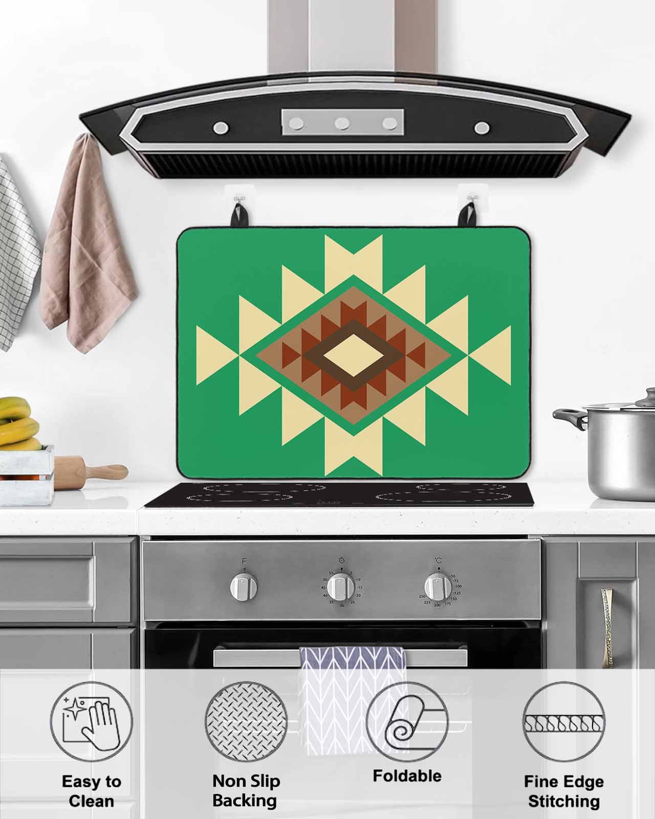 nqOlkjepod Large Induction Cooktop Protector Mat 24"x21", Green Brown Boho Stove Top Covers for Electric Stove, Country Simple Abstract Ethnic Geometric Stove Burner Cover Mats Stove Cover