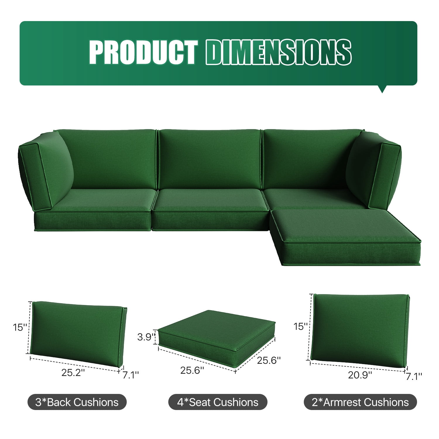 Clouddwell 9-Piece Outdoor Cushion Set for 4-Seat Wicker Sectional - Waterproof, High-Resilience Foam (Green)