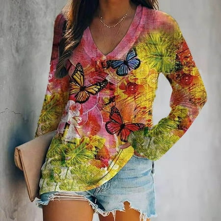 

TZNBGO Long Sleeve Shirts for Women Women s Tunic Tops Sweatshirt T Shirts Blouses Elegant Woman V Neck Autumn Printed Tops 6600 ethnic sweater top picture color 6# yellow XL Corset Tops For Wom58502