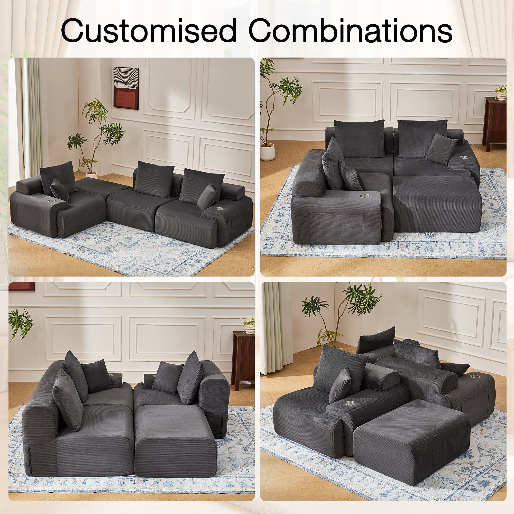 HOMREST 118" L-Shaped Modular Sectional Sofa for Living Room, Corduroy Upholstery Cloud Sofa with Movable Ottoman, Oversized Boneless Couch with Deep Seat No Assembly Required (Charcoal Blue)