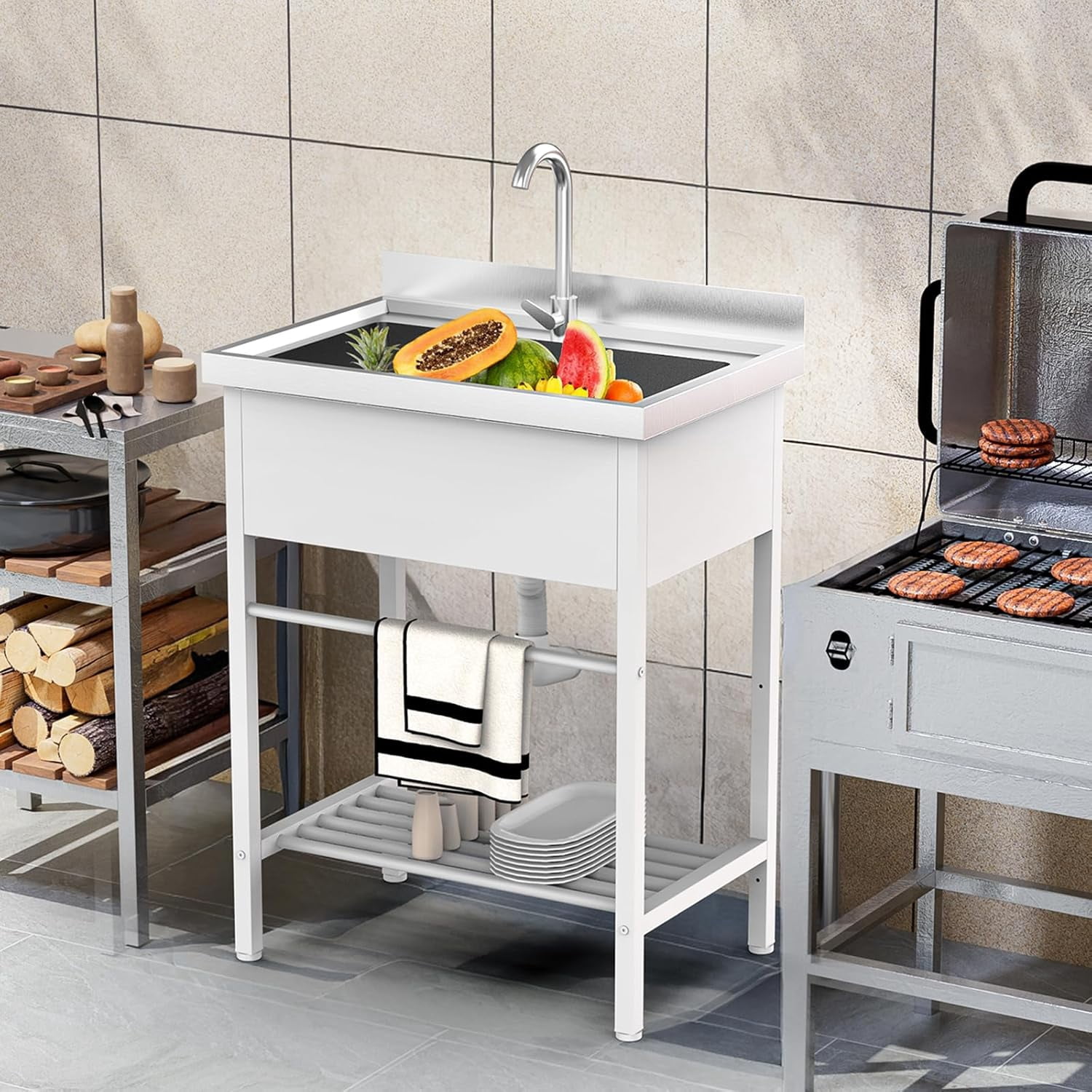 Ktaxon Freestanding White Stainless Steel Utility Sink with Shelf, Compact Single Bowl Wash Basin for Laundry Garage Restaurant Prep, 26.5 x 17.3 x 39