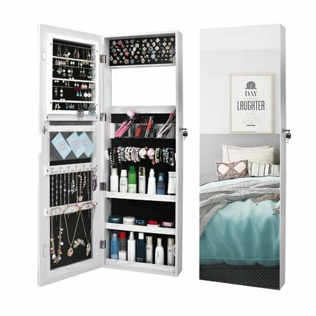 Long Body Mirror Retro PVC Wood Grain Coating Whole Body Mirror Decoration Storage Dressing Mirror Jewelry Mirror Cabinet White ()