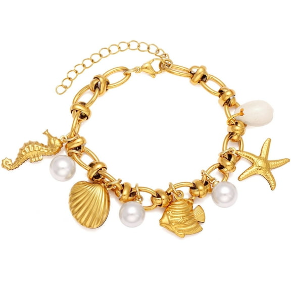 Seashell Charm Bracelet for Women by Ginger Lyne Gold Plated Stainless Steel Pearls Starfish and Shells