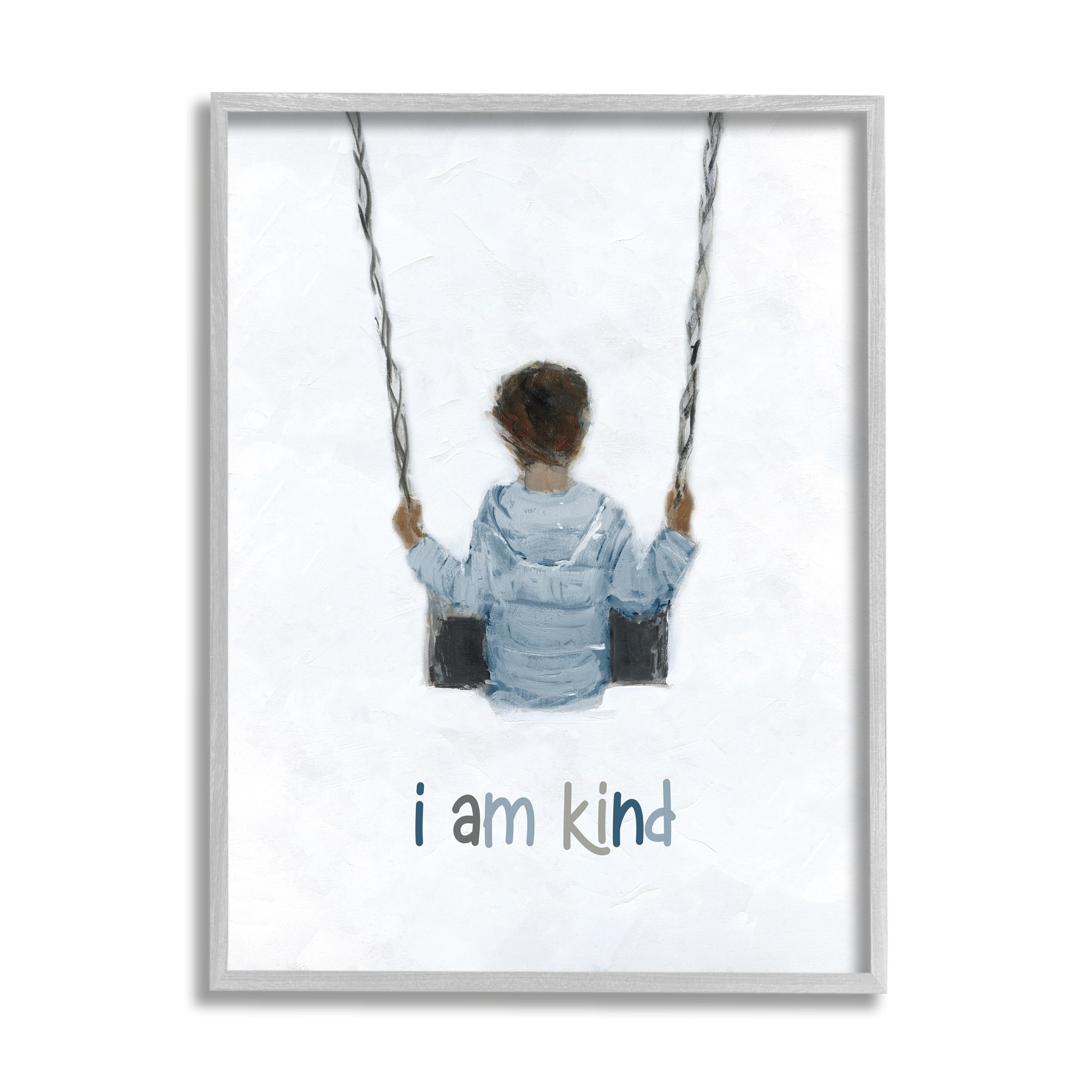 Stupell Industries I am Kind Motivational Child Playing on Swing Graphic Art Gray Framed Art Print Wall Art, Design by Sally Swatland