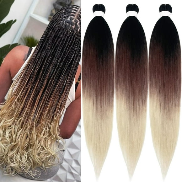 UPruyo Black Brown Blonde Ombre Braiding Hair Pre Stretched Prestretched Braiding Hair Ombre Colored Weave Braiding Hair Extensions for Braids Synthetic Fake Hair for Braiding ​(26 In 3 Packs)