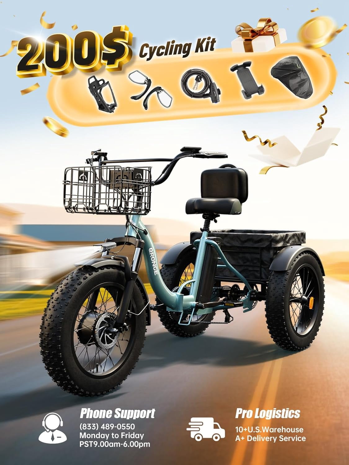 QRONGE Electric Tricycle for Adults 960W 50Miles Range 20 mph 20" Fat Tire Electric Trike 36V 15AH Battery Etrike 3 Wheel Electric Bike Step-Thru Mountain E Bike for Farm Work Travel, UL2849 by SGS