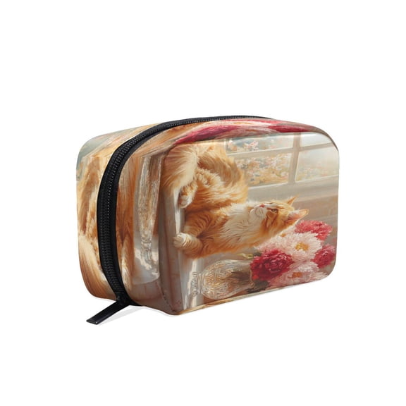 BZSMCE Makeup and Cosmetic Bag Women Simple Cat by Window with Flowers Pattern Square Cosmetic Bag