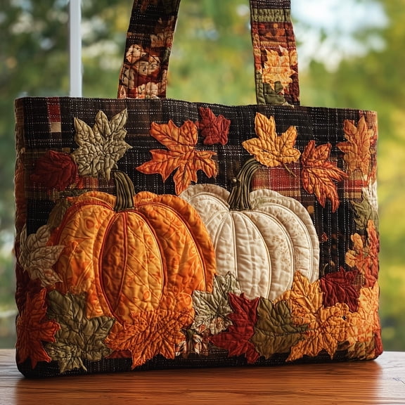 Autumn Pumpkin Quilted Tote Bag, Seasonal Shoulder Carryall, Weekend Market Tote, Holiday Gift for Her