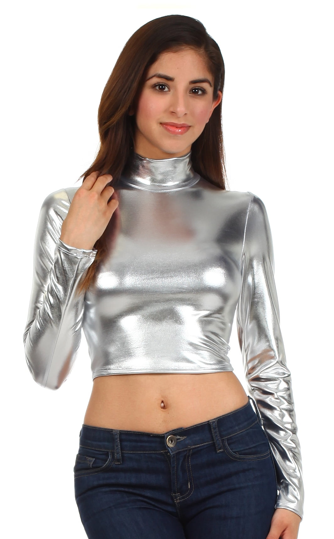 metallic mock neck top