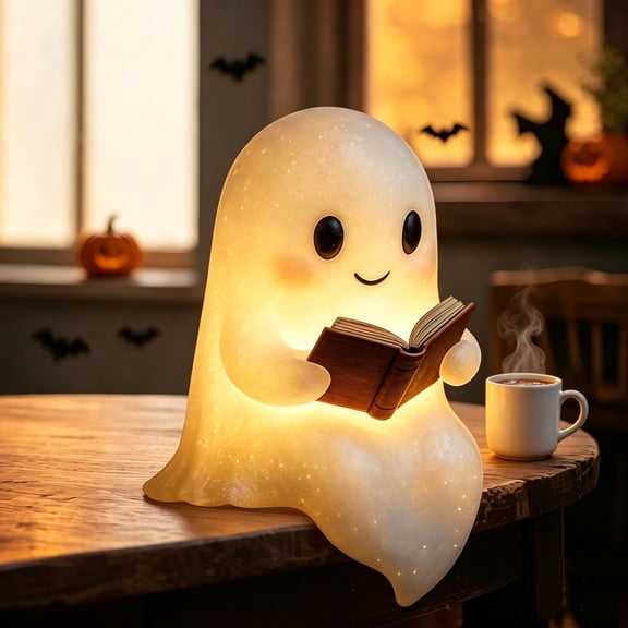 Ghost Night Light,Halloween Decorations Gifts Under 20 Cute Ghost Reading Book Night Light, Resin Halloween Figurine Lamp, Warm Glow Gift for Book Lovers