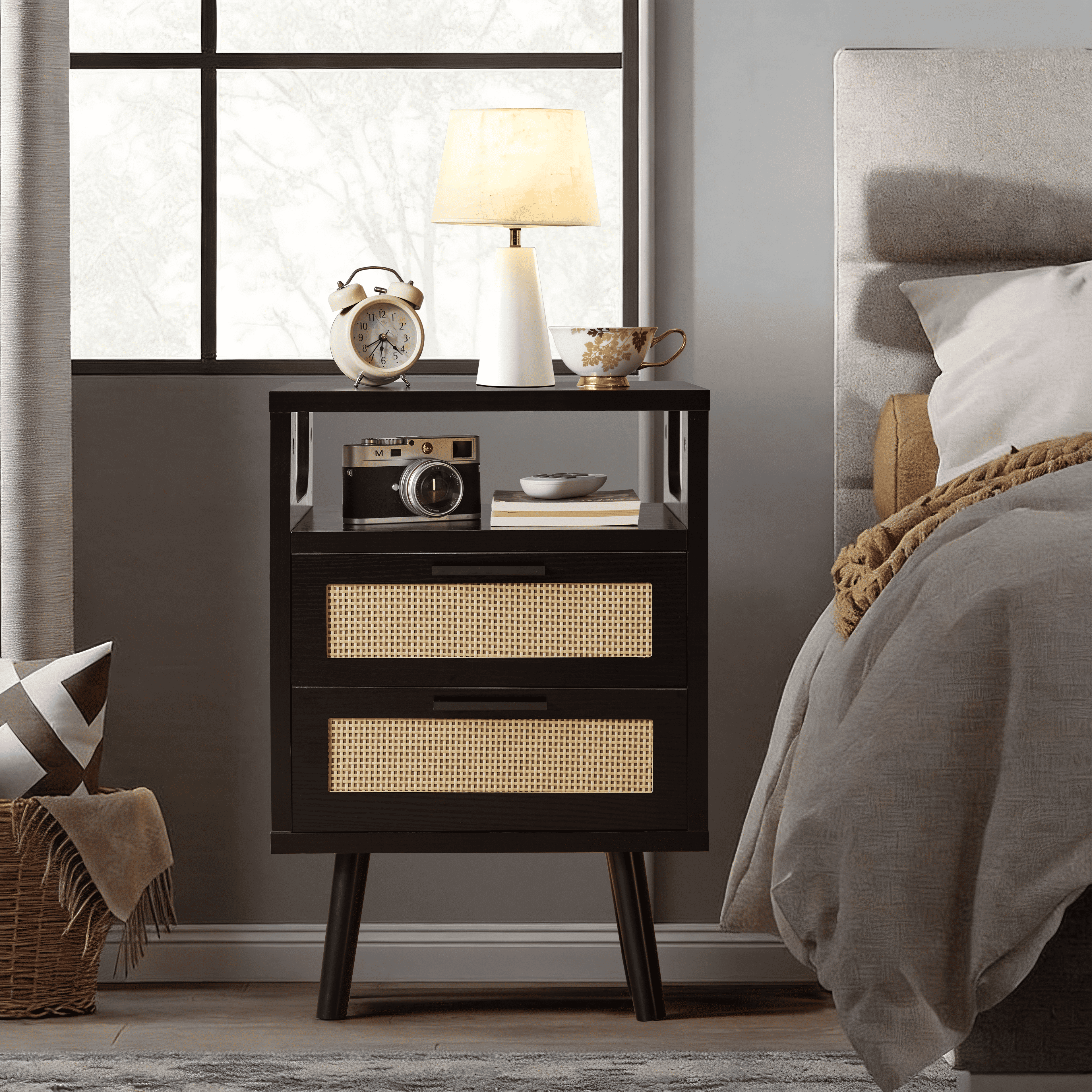 OTONIPU Rattan Nightstands Set of 2 with 2 Drawers, Modern Wood Bedside Tables with Black Handles, Black End Tables