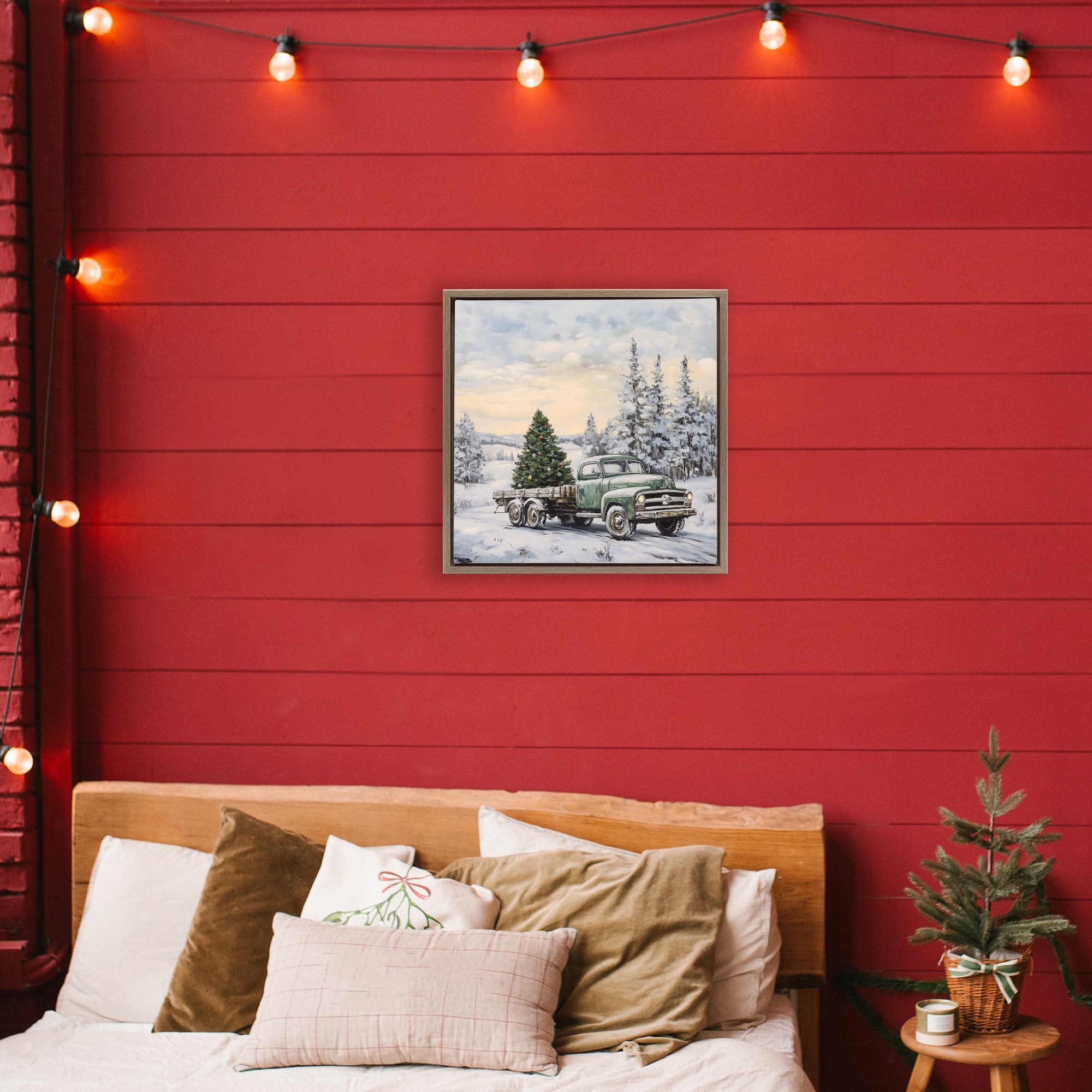 Green Christmas Tree Truck Brown Framed Floater Canvas Wall Art, design by Petal Prints Design