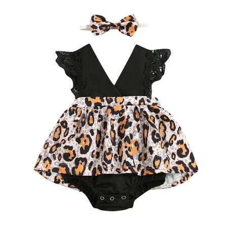

Zlekejiko Sleeveless Leopard Outfit Jumpsuit+Headband Set Romper Girl Baby Print Girls Outfits&Set