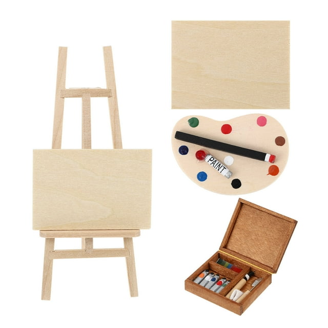 Set de pintura al óleo con caballete de madera en miniatura de 4 piezas, caja de acuarela decorativa