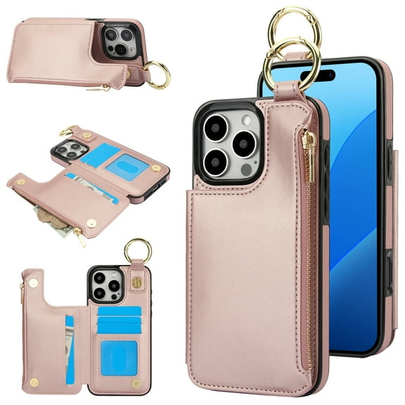 Back Case for iPhone 14 Pro, Finger Ring Kickstand PU Leather Card Slots Magnetic Buckle Shockproof Drop Protective RFID Blocking Zipper Pocket Wallet Case for iPhone 14 Pro,Rosegold