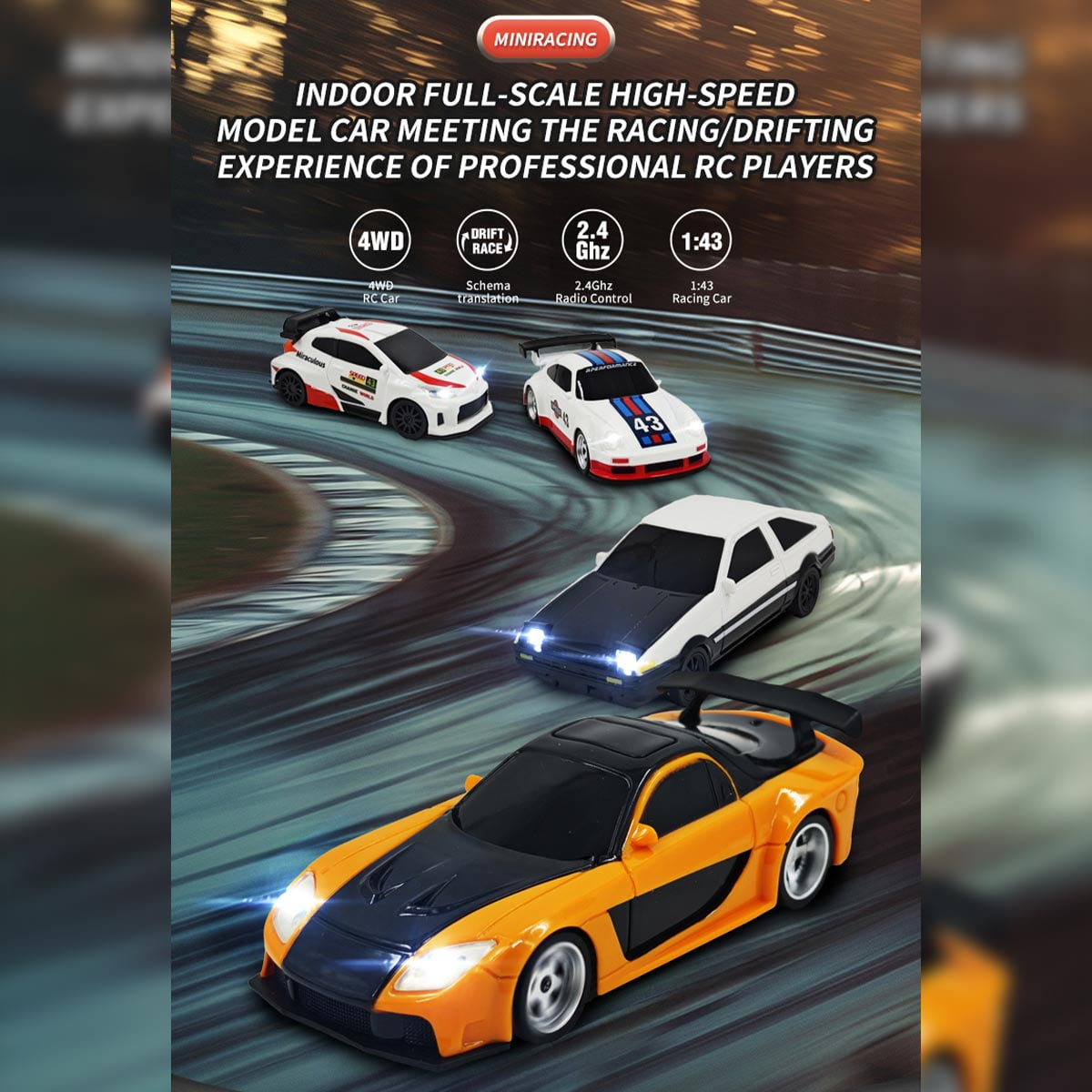 1/43  Mini Electric RC Drift Racing Car Model, 2.4G 15 KM/H Full-Proportional Sport Car with LED Lights (RTR Version)