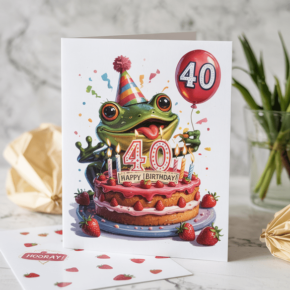 Whimsical Frog Birthday Card – Funny 40th Birthday Greeting with Cake and Balloon – Blank Inside for Personal Messages