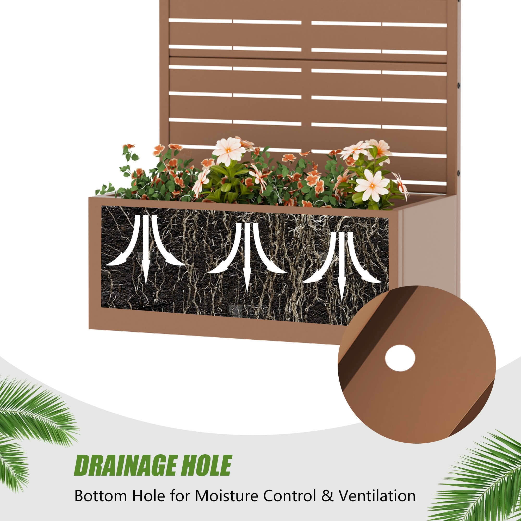 MAYEERTY 59x30 Brown Double-sided Rectangular Iron Planter Box with Trellis, 4 Piece Set Decorative Garden Screen for Patio and Balcony