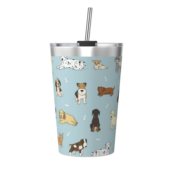 PAYOHTO Cartoon Doodle Puppy Dog Insulated Stainless Steel Tumbler 12 oz Thermos Come with Straw Kids Leak-Proof Travel Mug Cup