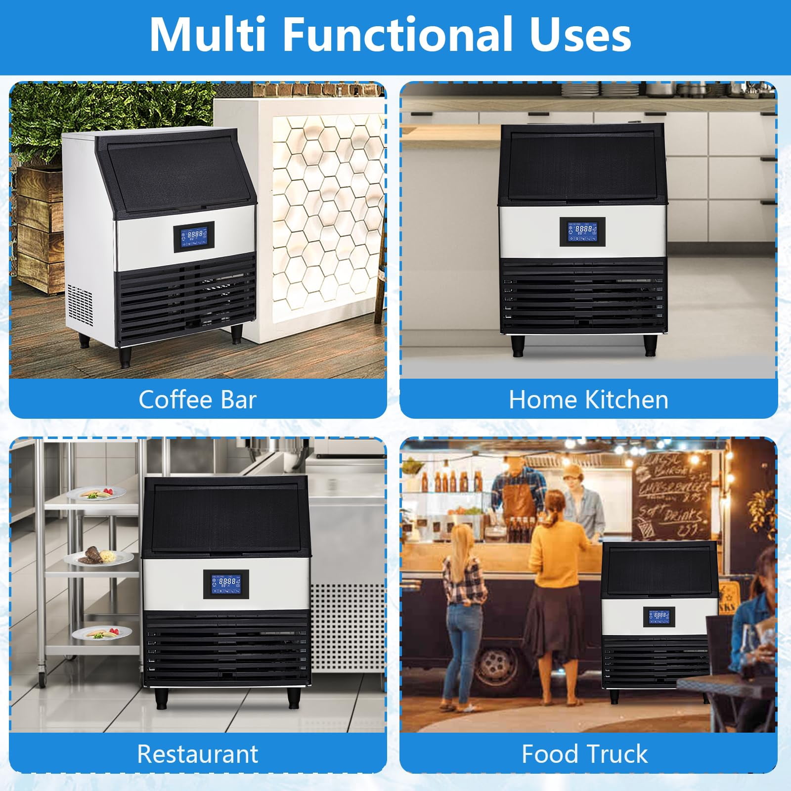 Homhougo Commercial Ice Maker 440lbs/24h with 88 lbs Storage 8x20 Cubes Commercial Ice Machine 110V Automatic Ice Machine
