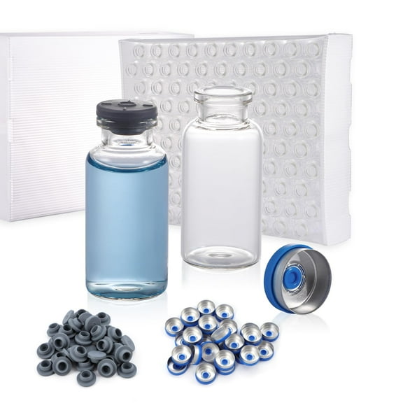 100 Pack 20ml Glass Vials, Clear Glass Headspace Vials with Plastic-Aluminum Flip Off Caps and Rubber Stoppers, 20mm Transparent Flat Bottom Lab Vial